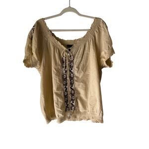 Lauren Hartock Embroidered Peasant Blouse L‎ Boho Cotton Top Beige Floral Mexico